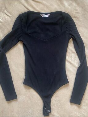 SO Black Ribbed Square-Neck Bodysuit
